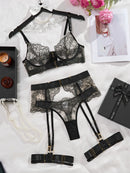 New Sexy Perspective Embroidery Eyelash Lace Lingerie Set Women Body Shaping Underwear Bra Female Exotic Apparel Four Piece Set