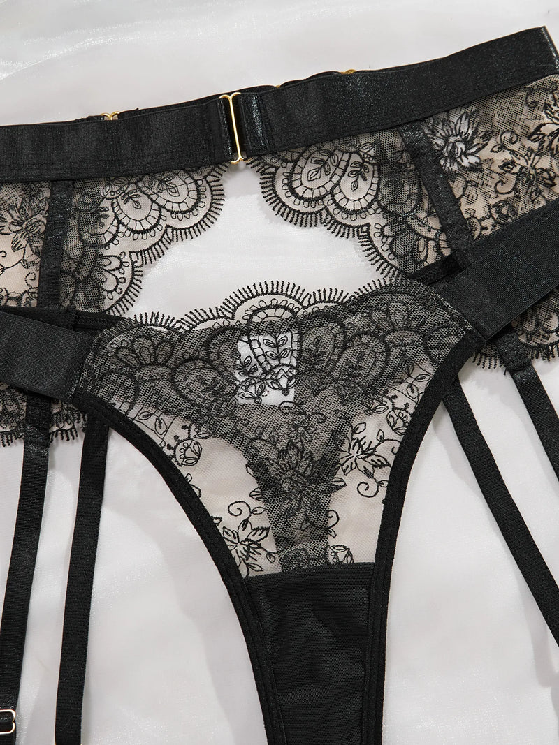 New Sexy Perspective Embroidery Eyelash Lace Lingerie Set Women Body Shaping Underwear Bra Female Exotic Apparel Four Piece Set